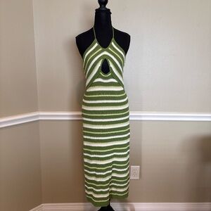 Sincerely Jules Green Striped Crochet Halter Midi Dress Size L Cutout Knit